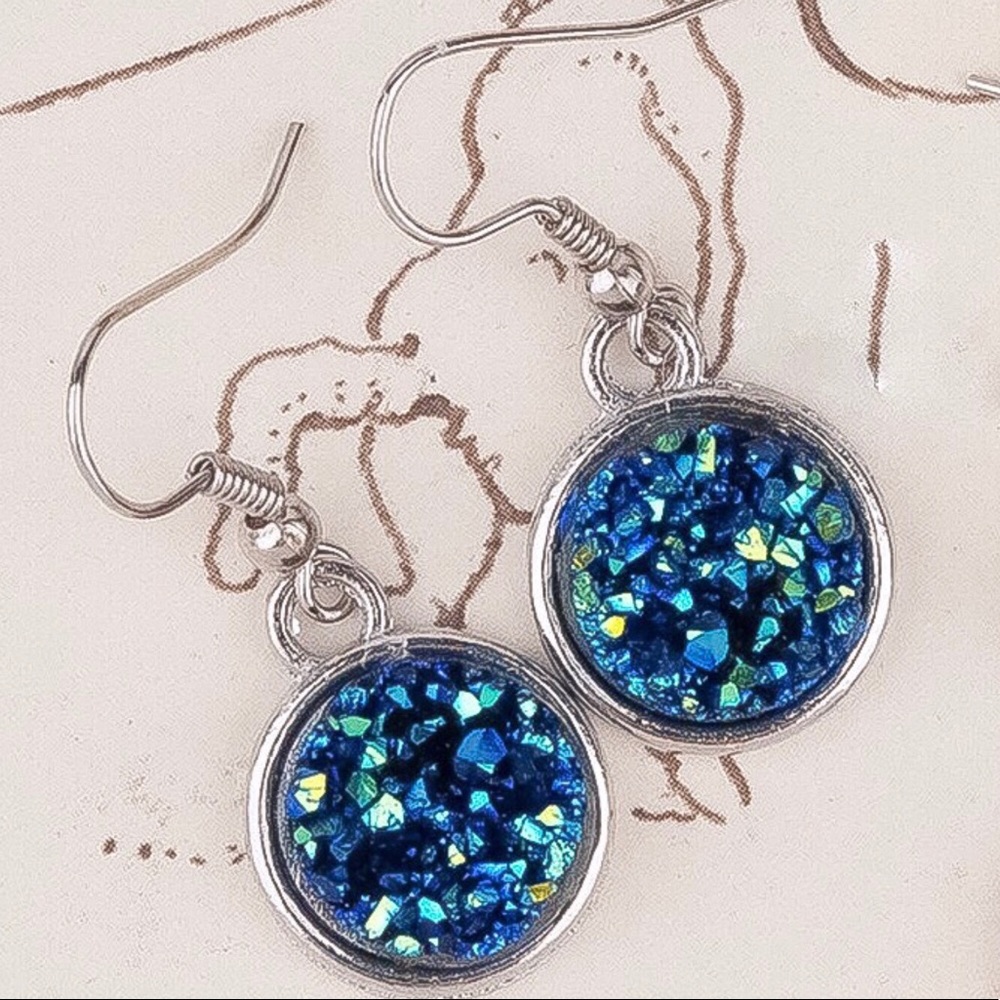 Silver Tone Druzy Button Drop Earrings - Picture 3 of 3